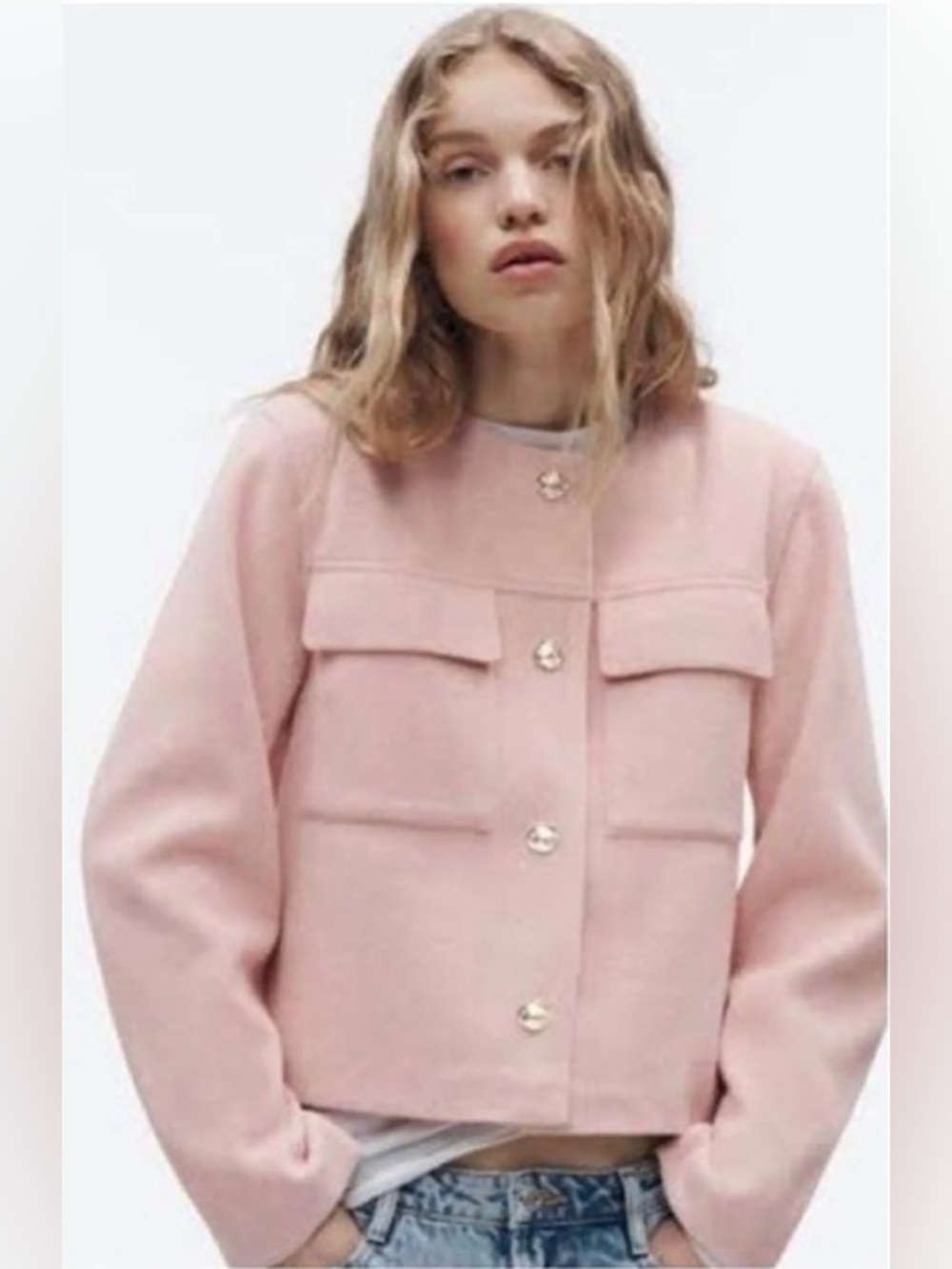 Zara Blush Pink Cropped Jacket Gold Button Textured Wool Blend Size M